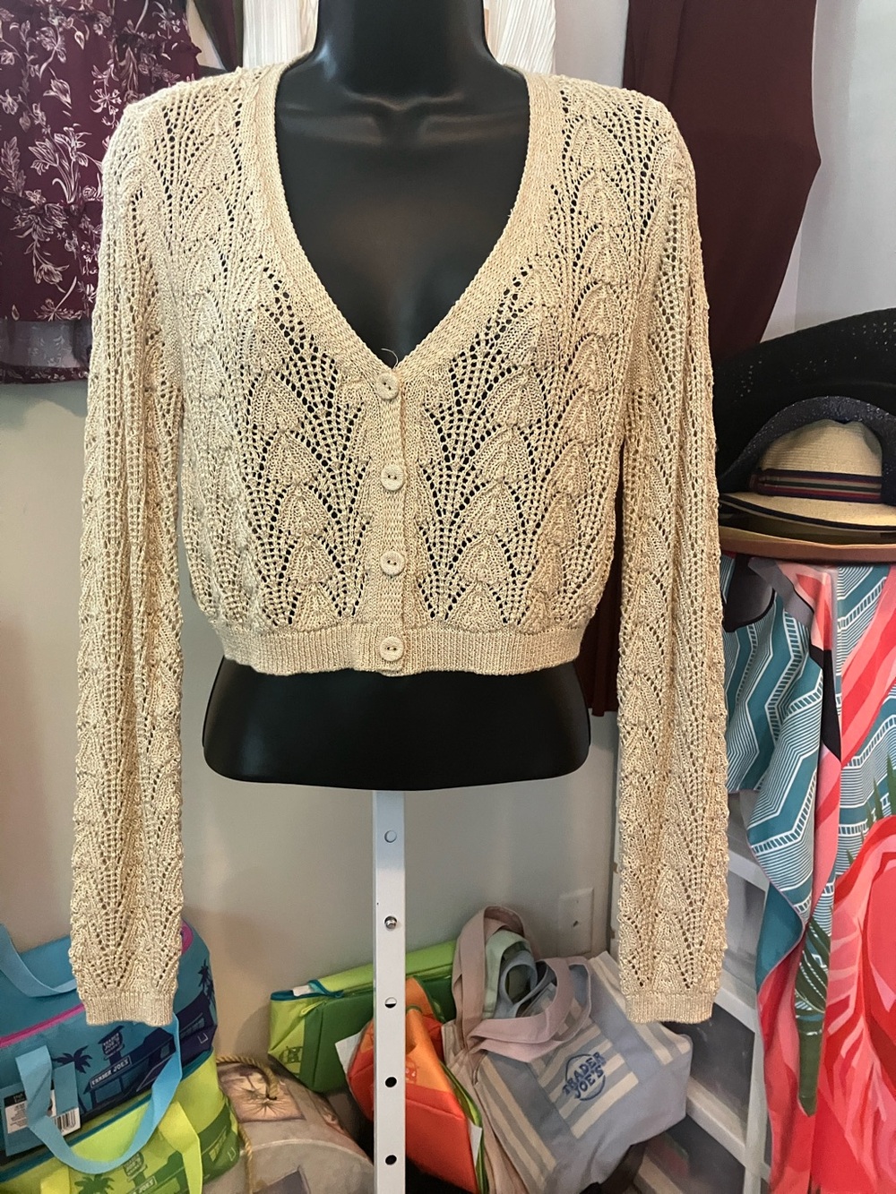 Urban Outfitters Cream & Gold  Open-Knit Cropped Cardigan